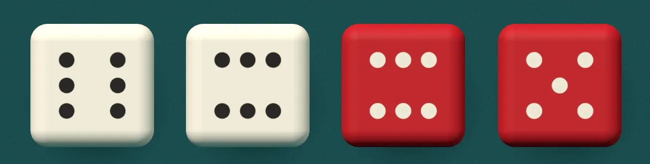 four dice up close: two held ivory sixes, one turned a quarter from the other, and two red dice with ivory pips, lit from the top left