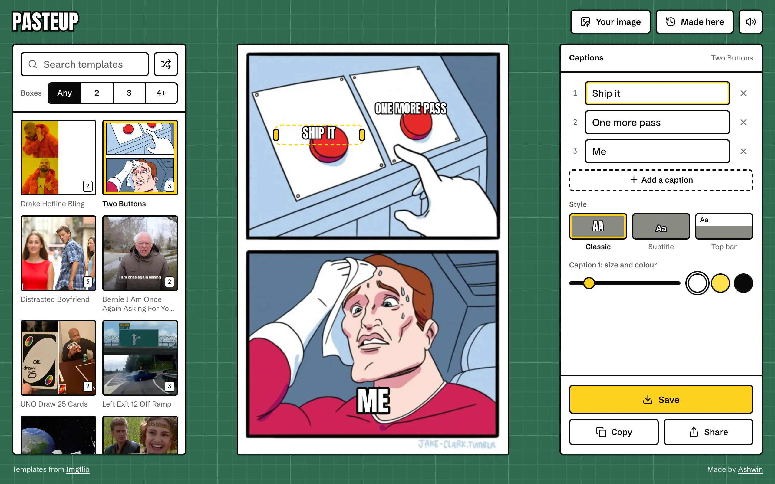 Pasteup on a desktop: the template search on the left, the meme in the middle and the captions panel on the right