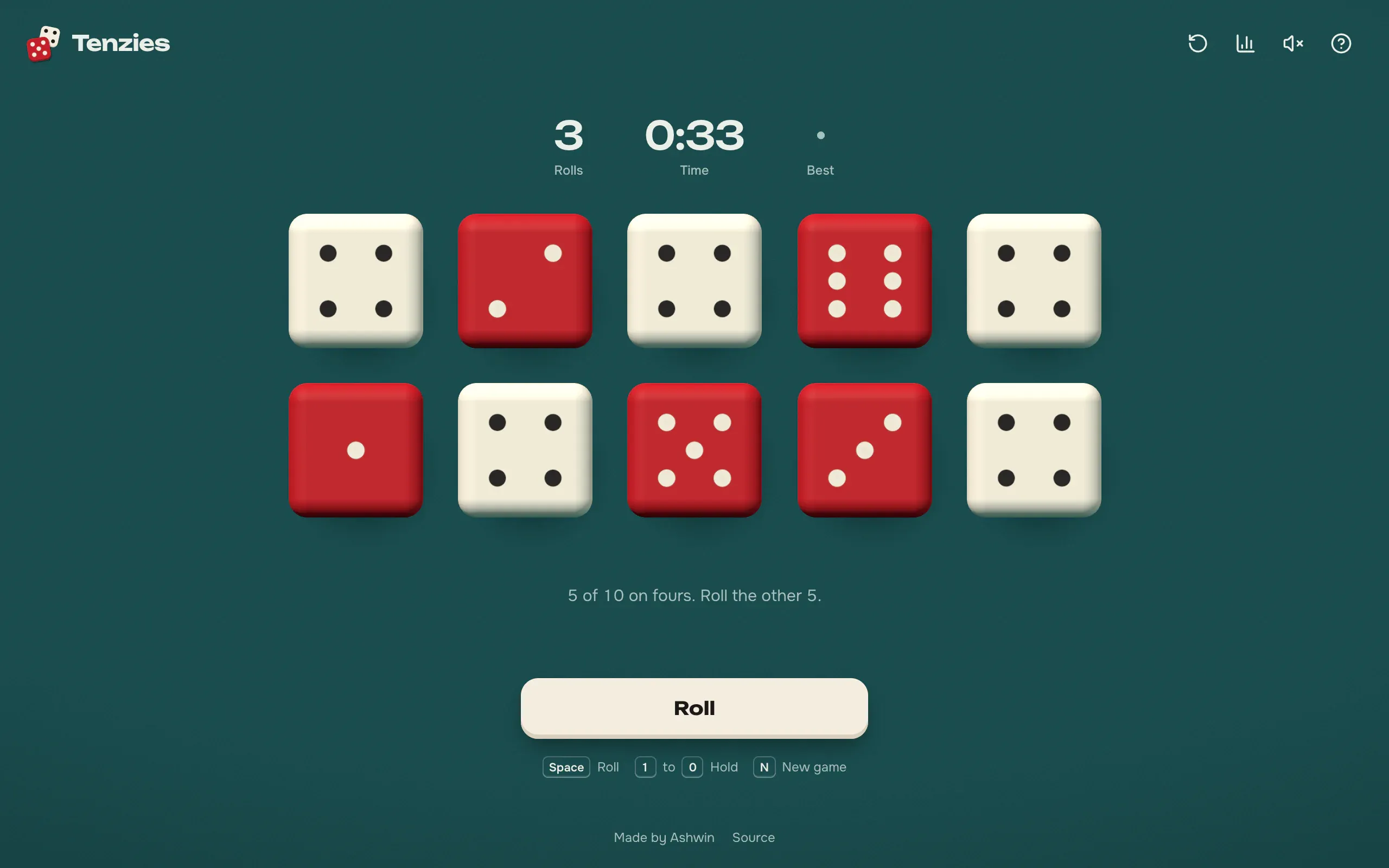 the same game on a desktop: large dice in two rows of five, with the keyboard shortcuts listed under the roll button