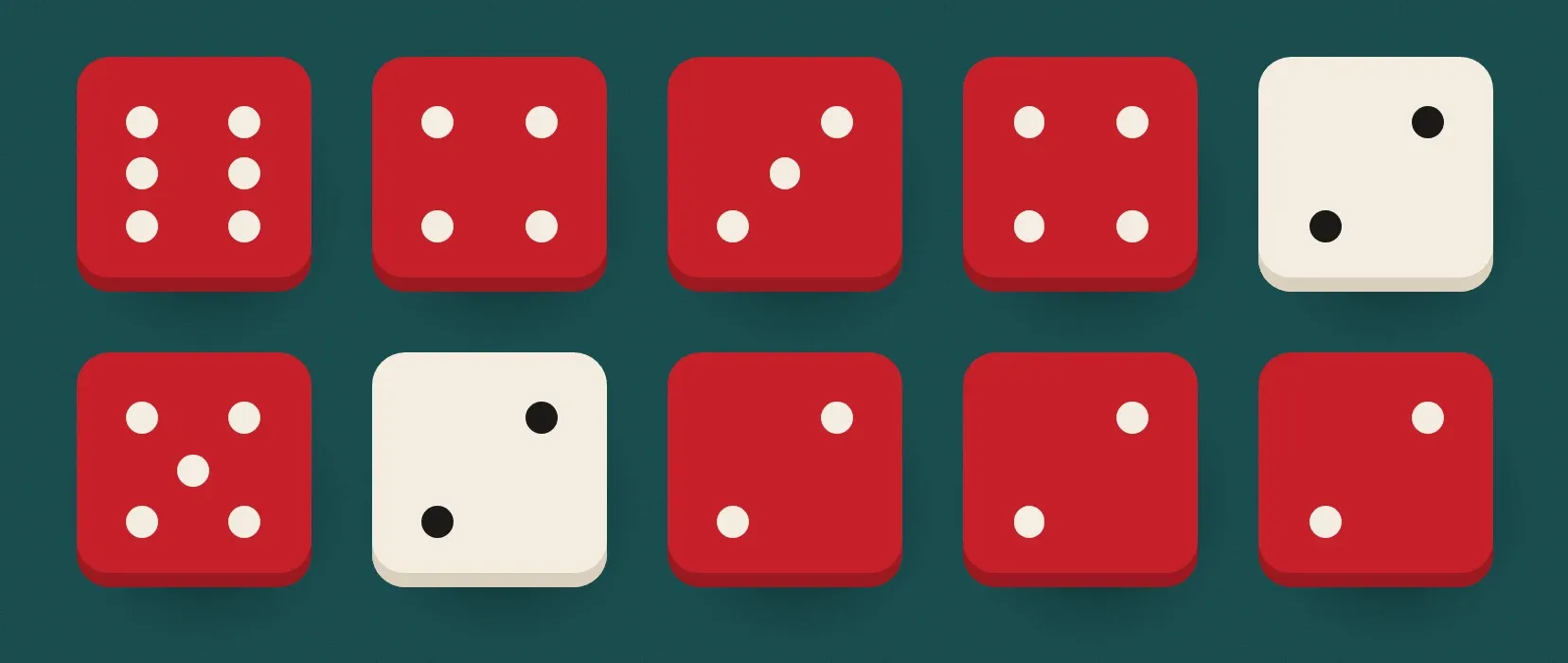 the same ten dice drawn as flat CSS squares with a darker bottom edge, two held dice ivory
