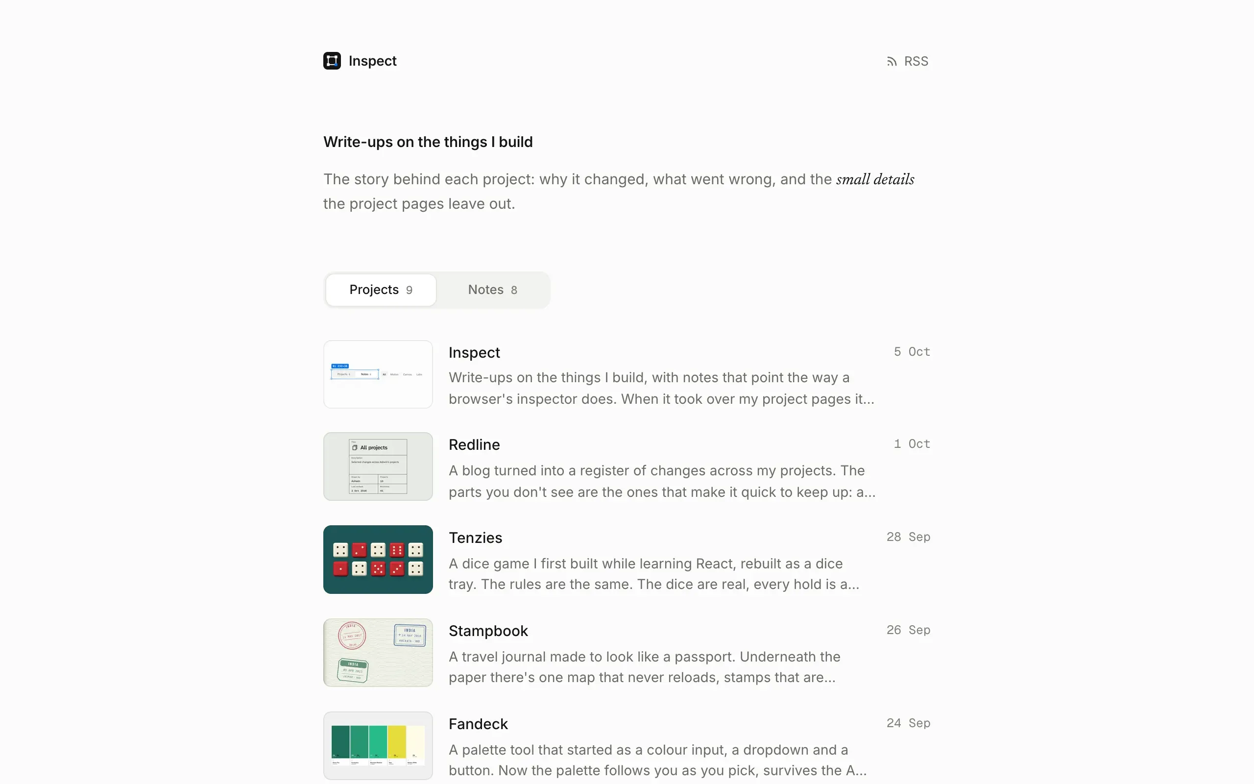 Inspect on a desktop: the intro, the Projects and Notes switch, and the project write-ups, each with a thumbnail, its title, a line about it and the date