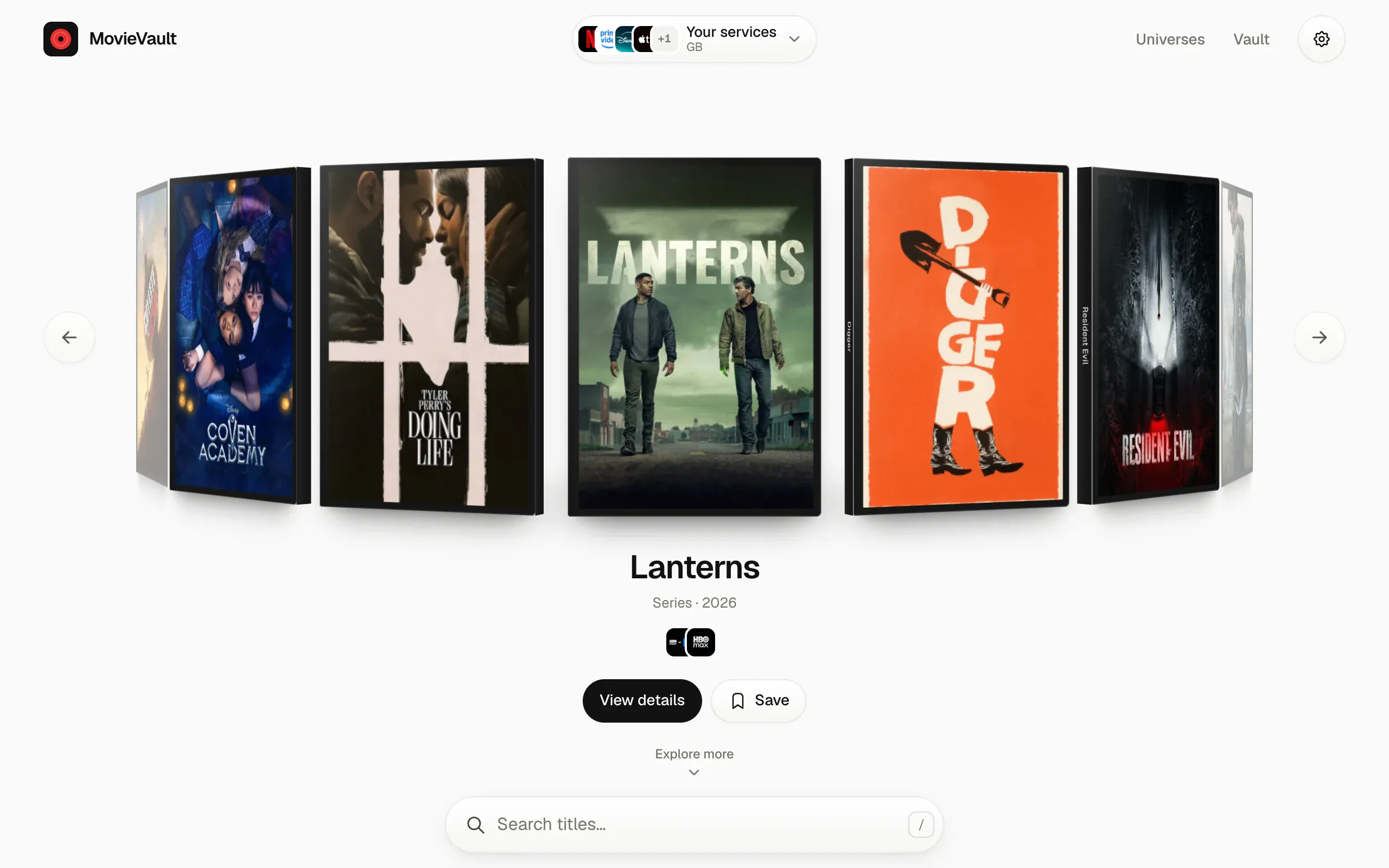 MovieVault's home on a desktop: a 3D ring of DVD cases with Lanterns in the middle, its title under it, and the search bar at the bottom