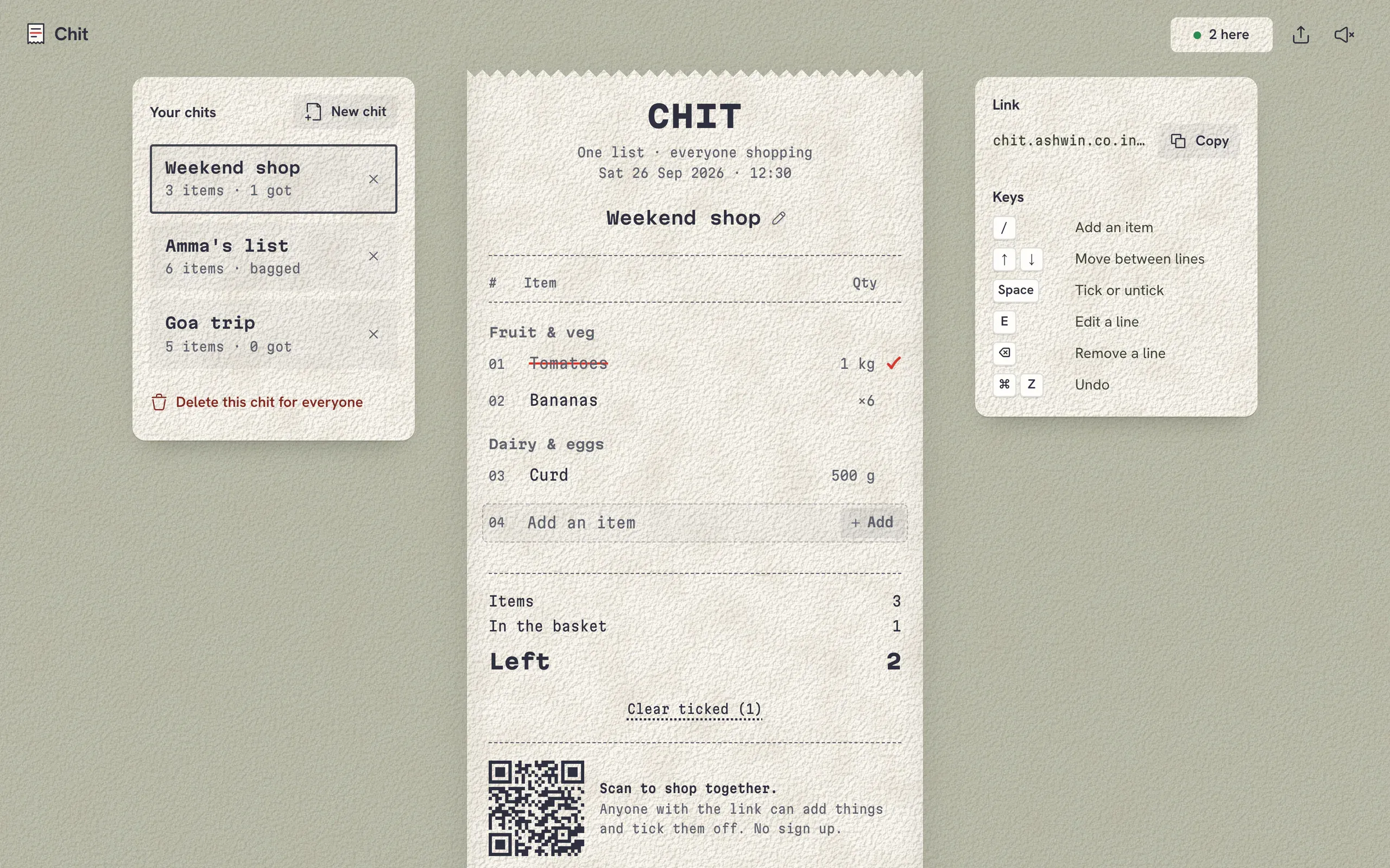 Chit on a desktop: a till receipt titled Weekend shop on a sage desk, tomatoes crossed off in red, your chits on the left, the link and keyboard keys on the right, and two people here at the top