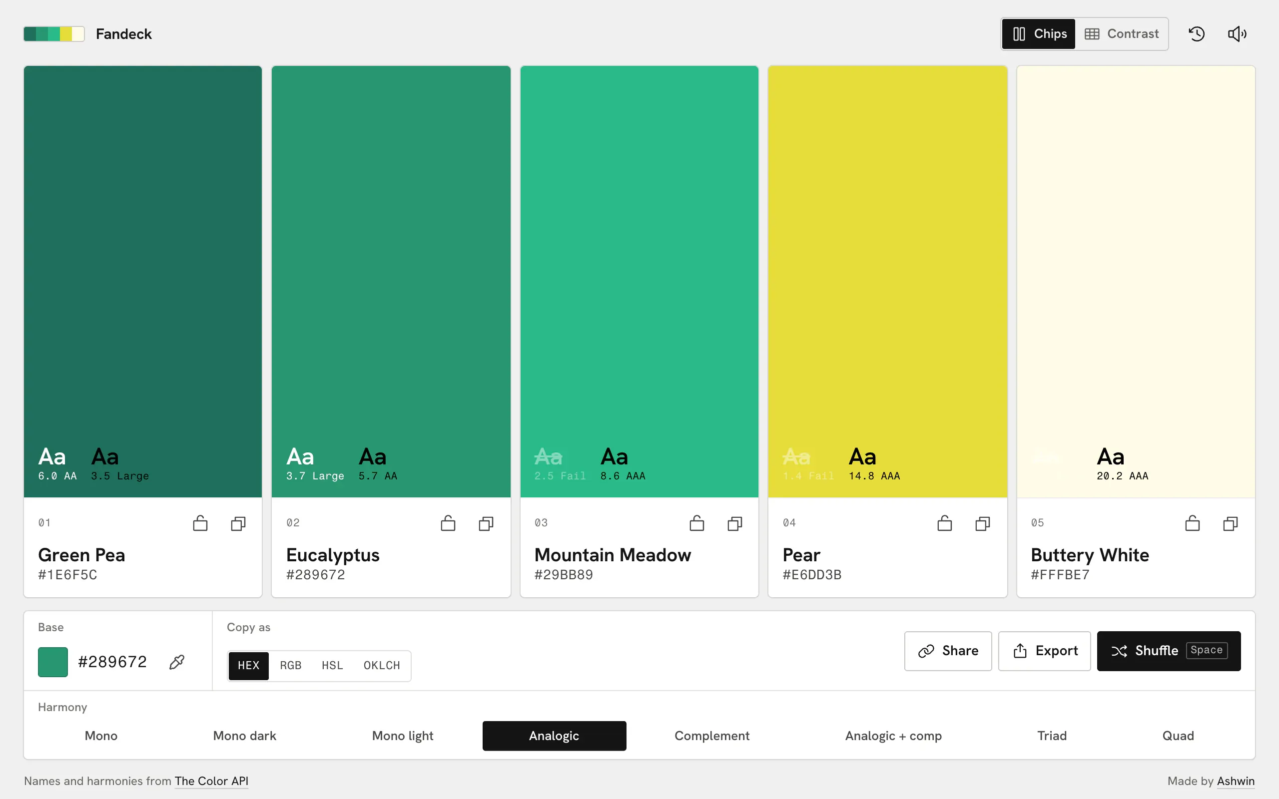 Fandeck on a desktop: five paint chips from deep green to buttery white, each with white and black text samples and their contrast ratios, over the base colour, copy formats and the eight harmonies