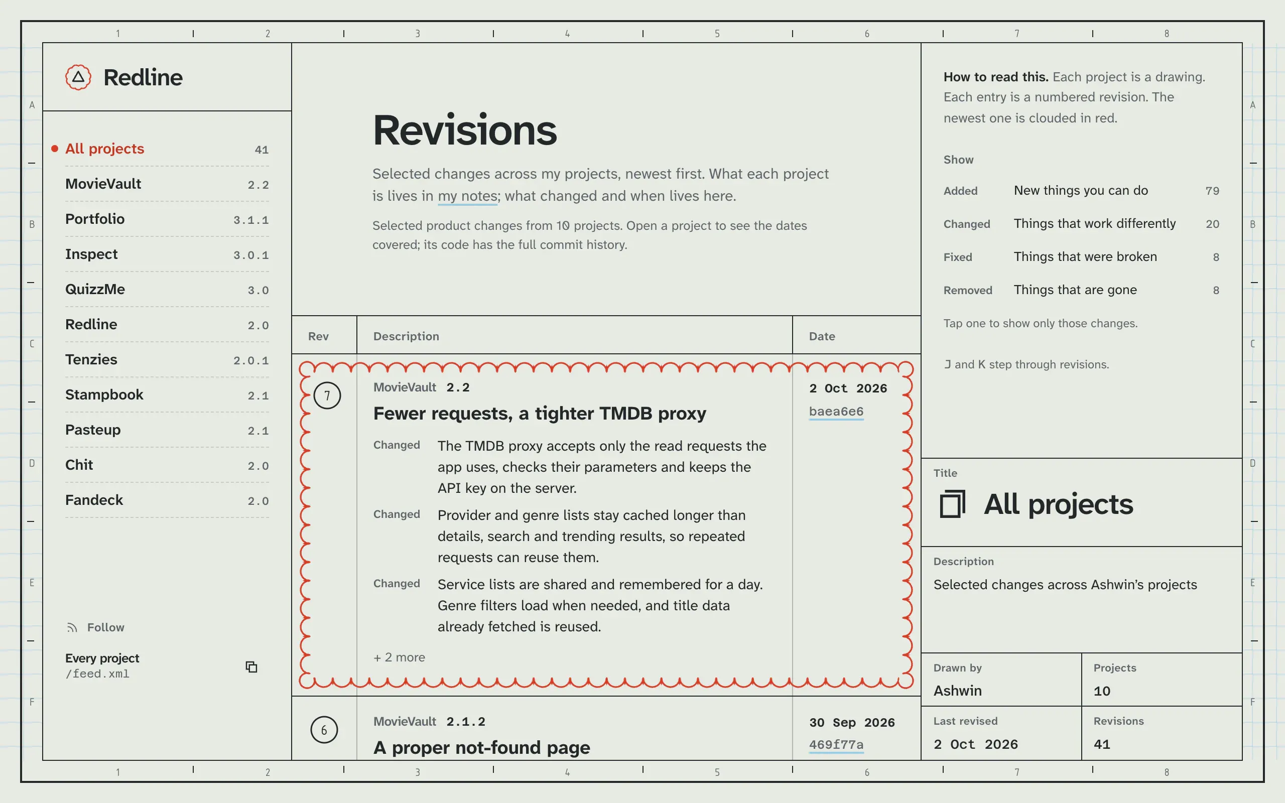 Redline on a desktop: a drawing sheet with zone numbers round the edge, the project list on the left, the newest MovieVault revision clouded in red in the register, and the title block in the corner