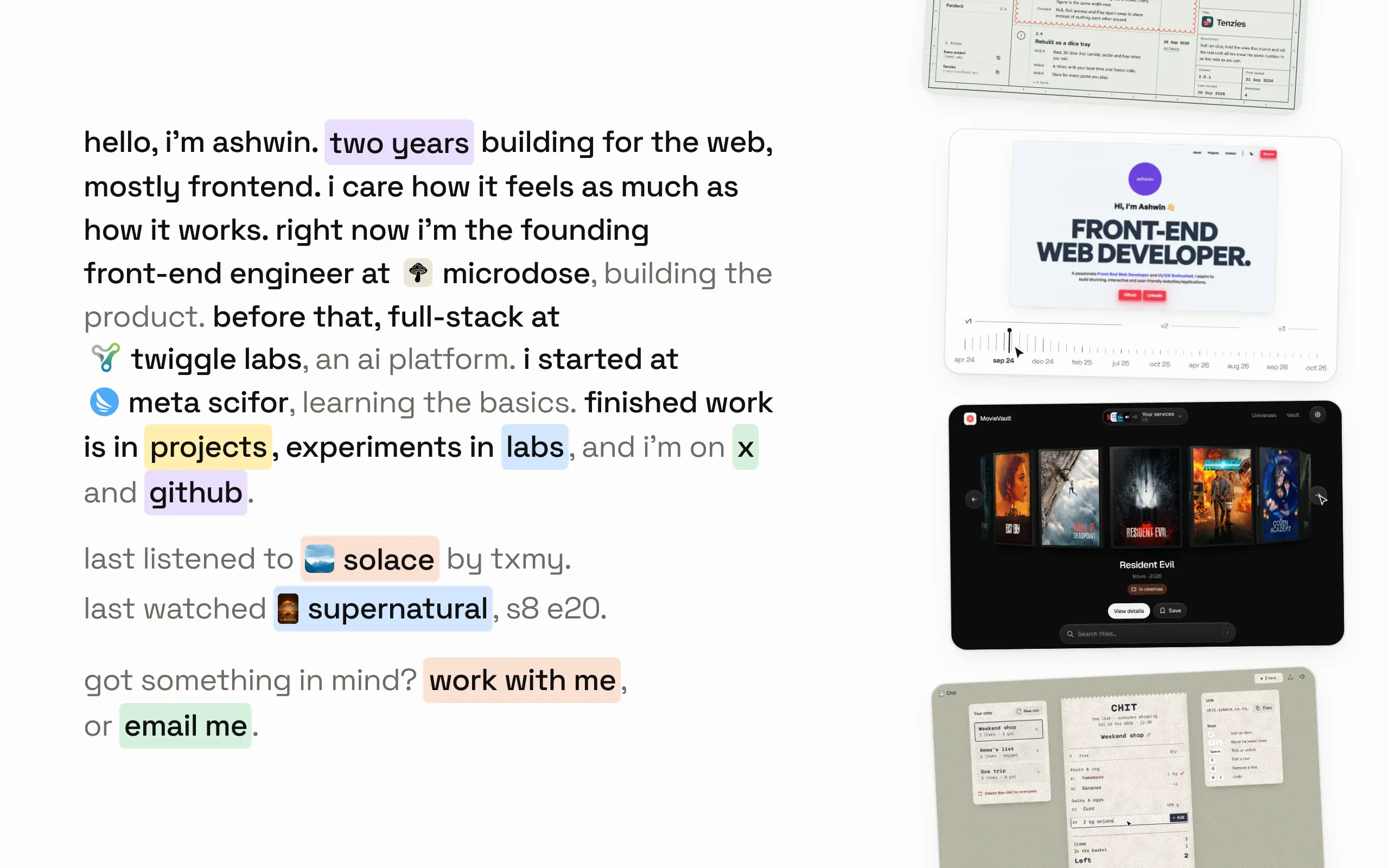 The v3 portfolio on a desktop: a paragraph about me on the left with highlighted links to my résumé, projects, labs, x and github, ending in the song I last listened to and the show I last watched, and a reel of project cards curving down the right side