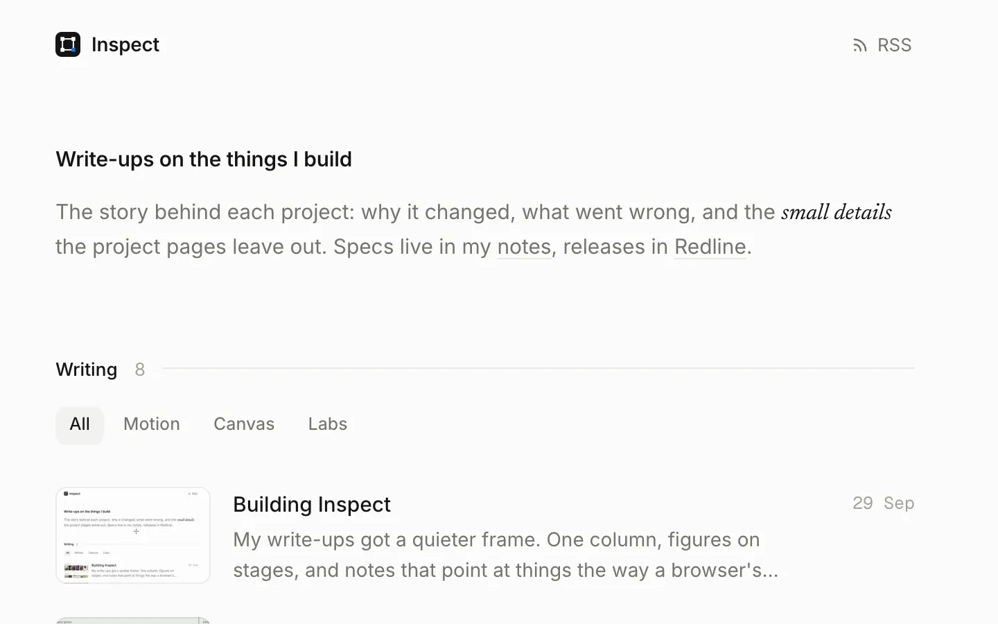 the top of this site's home page: the Inspect mark, the intro, the writing list with its tag filters, and the newest post with a thumbnail, its title, a line about it and the date