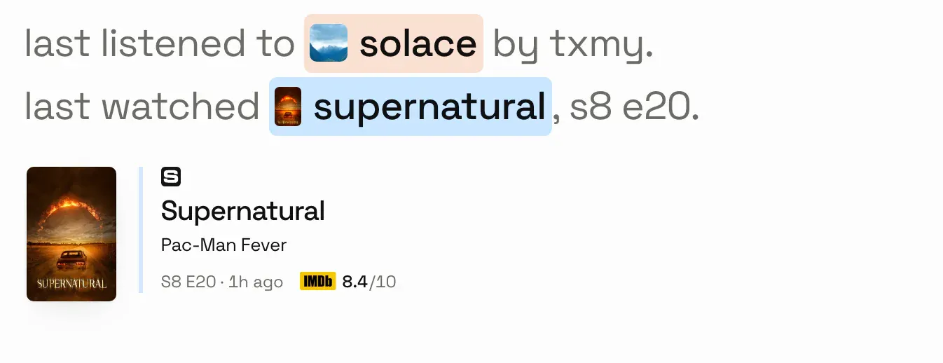 The listening and watching lines with Supernatural expanded under its line: its full poster beside the title, Pac-Man Fever, S8 E20, a relative watched time and an IMDb rating of 8.4 out of 10
