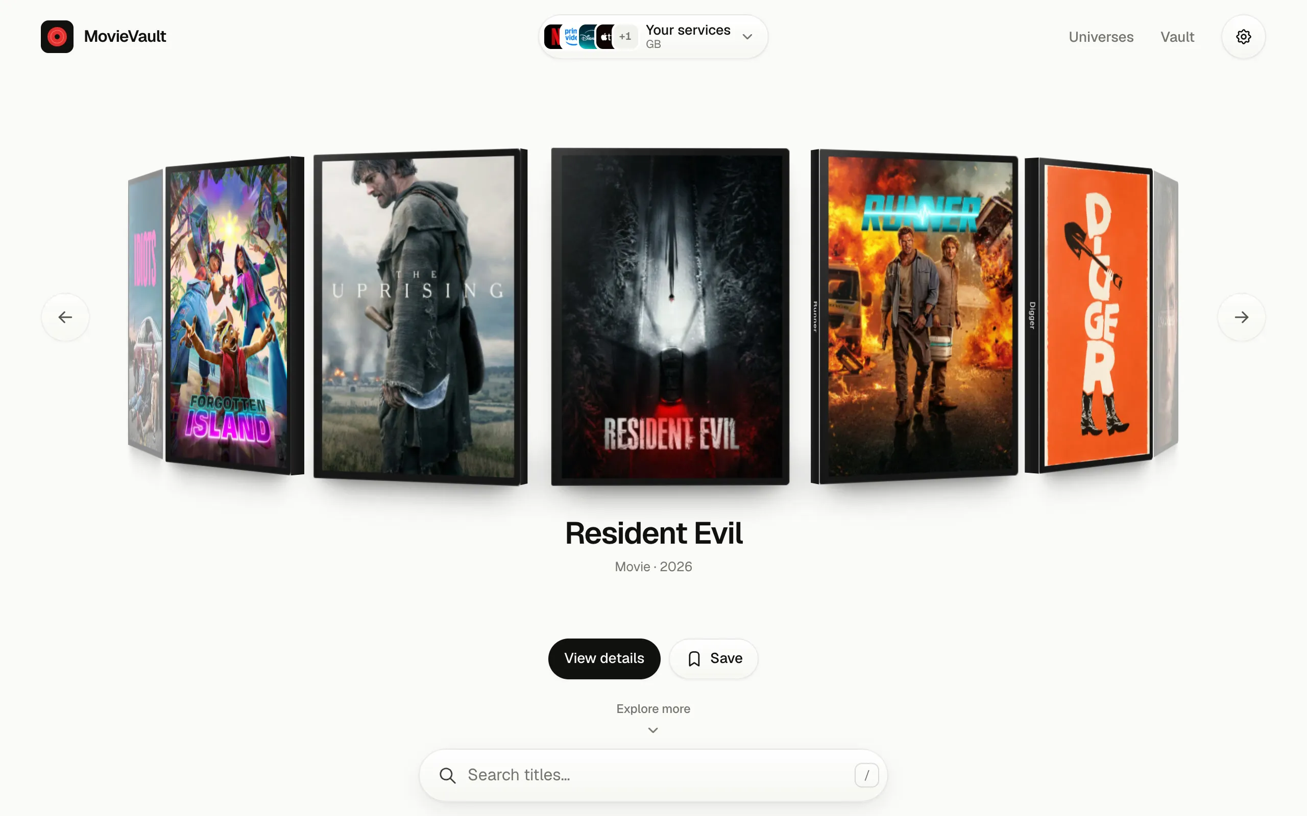MovieVault's home: a carousel of DVD cases with Resident Evil in the middle, its title under it, and the search bar