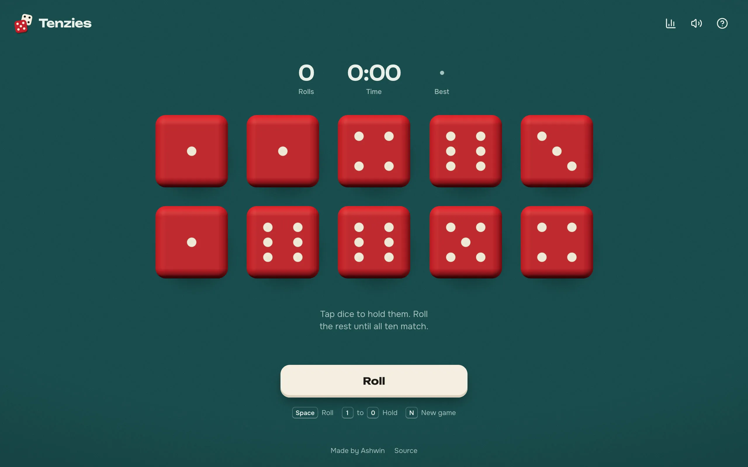 Tenzies on the live site: ten red three.js dice on petrol green felt, the roll count and timer above and the Roll button below