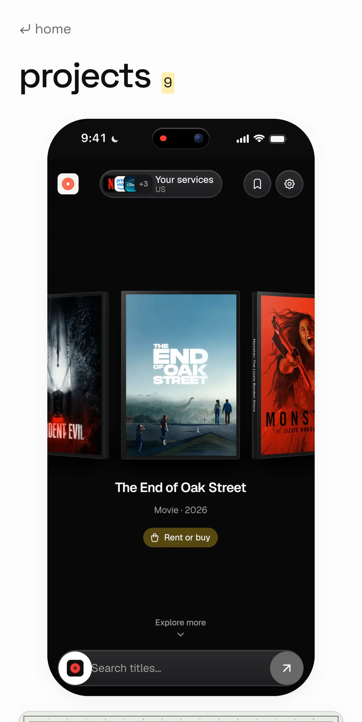 the projects page on an iPhone: one column, with the MovieVault phone recording first