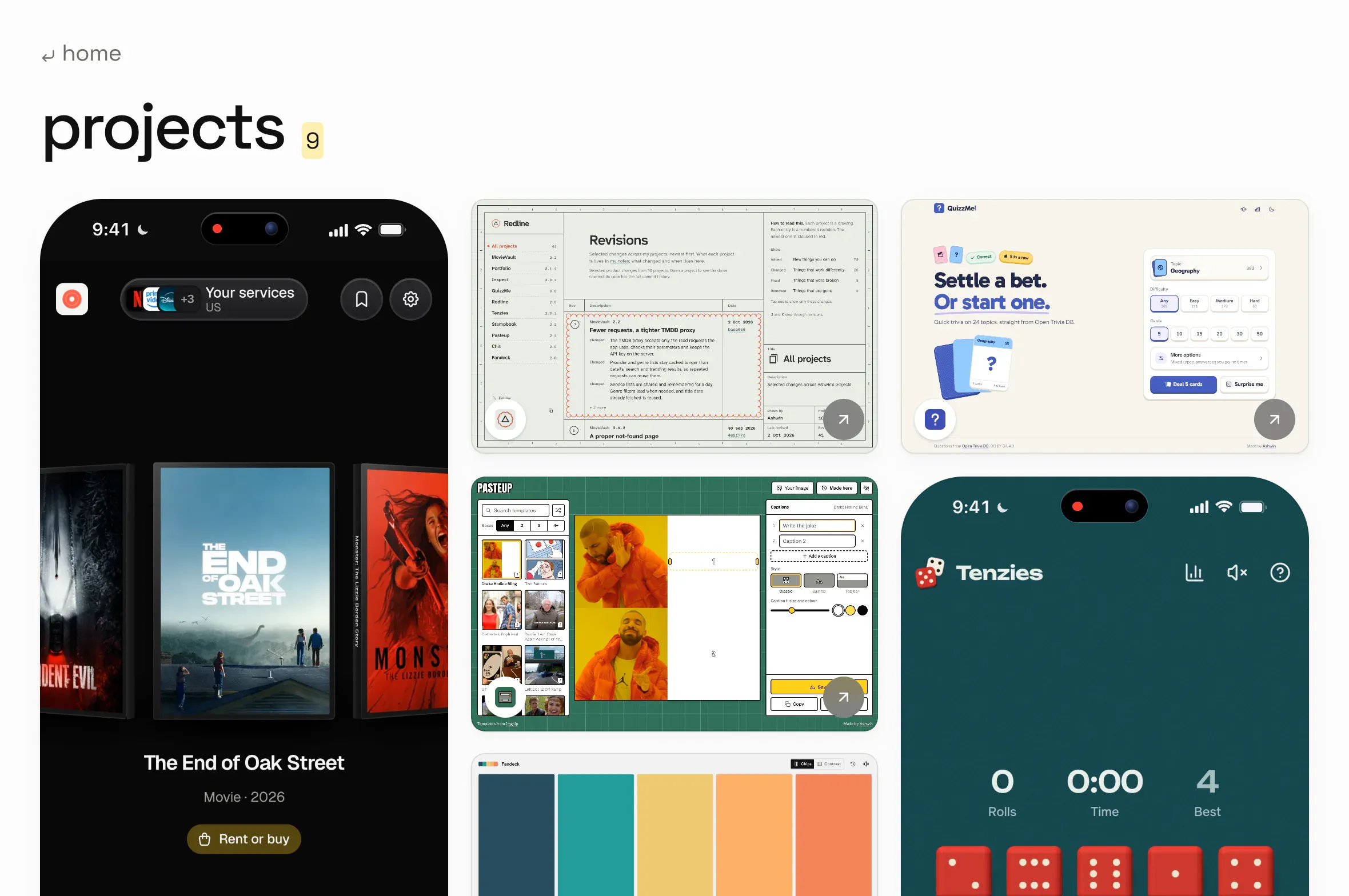 the projects page on an iPad in landscape: three columns of project clips