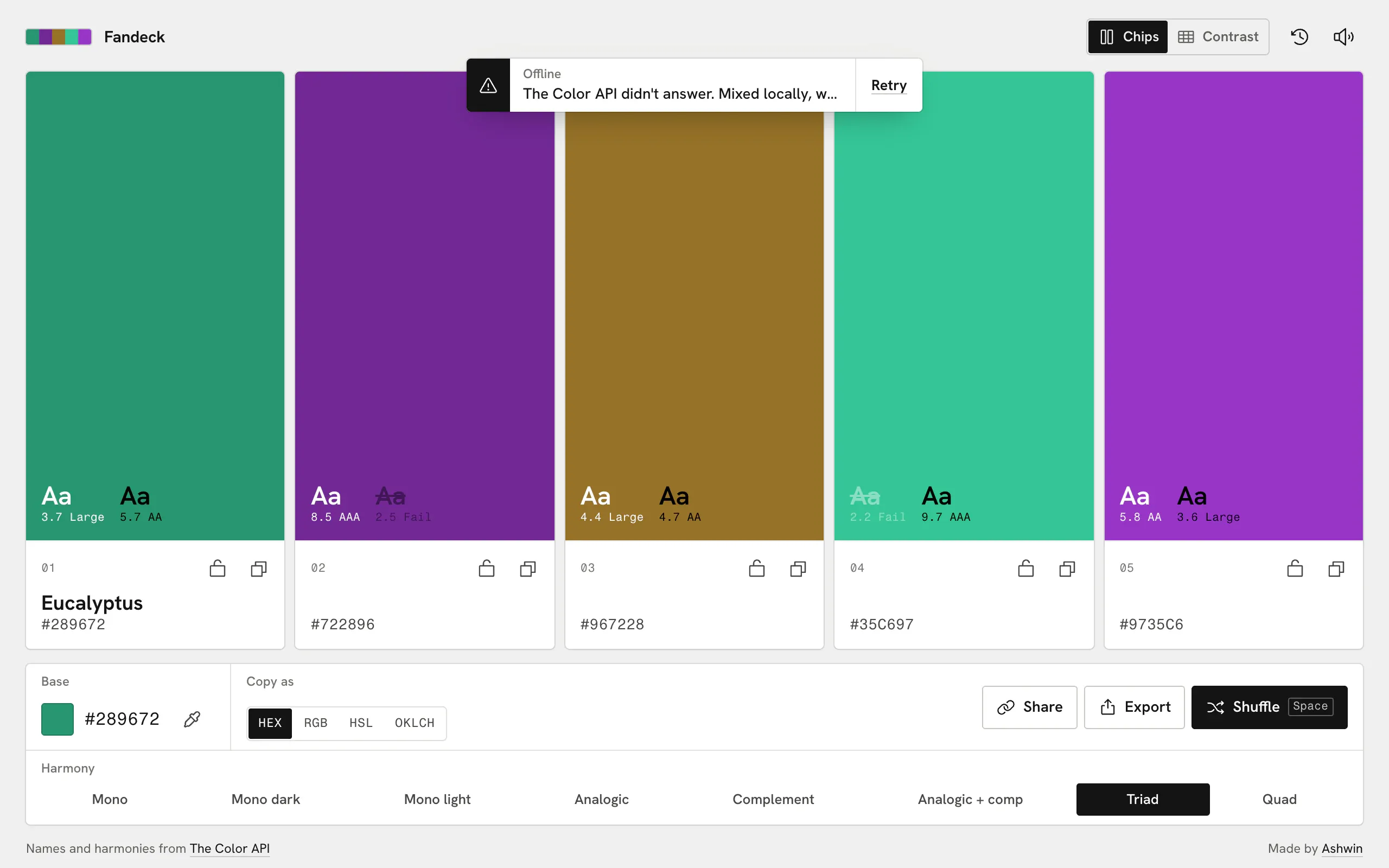 Fandeck with The Color API blocked: a triad mixed locally from the green base, four chips showing only their hex values, one still named Eucalyptus, and an Offline toast with a Retry button