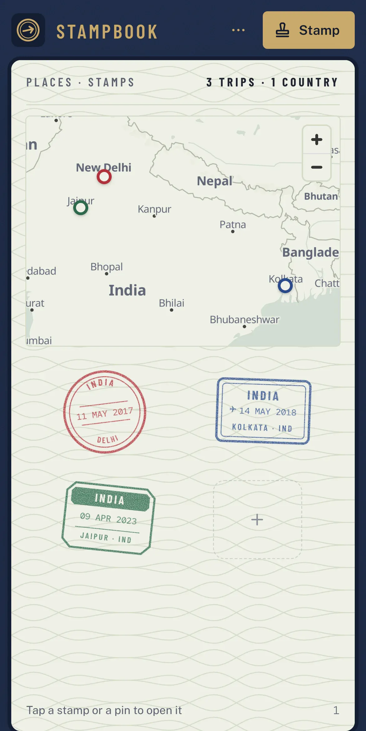 Stampbook on an iPhone: the passport as one page, the map of north India on top and the three stamps underneath