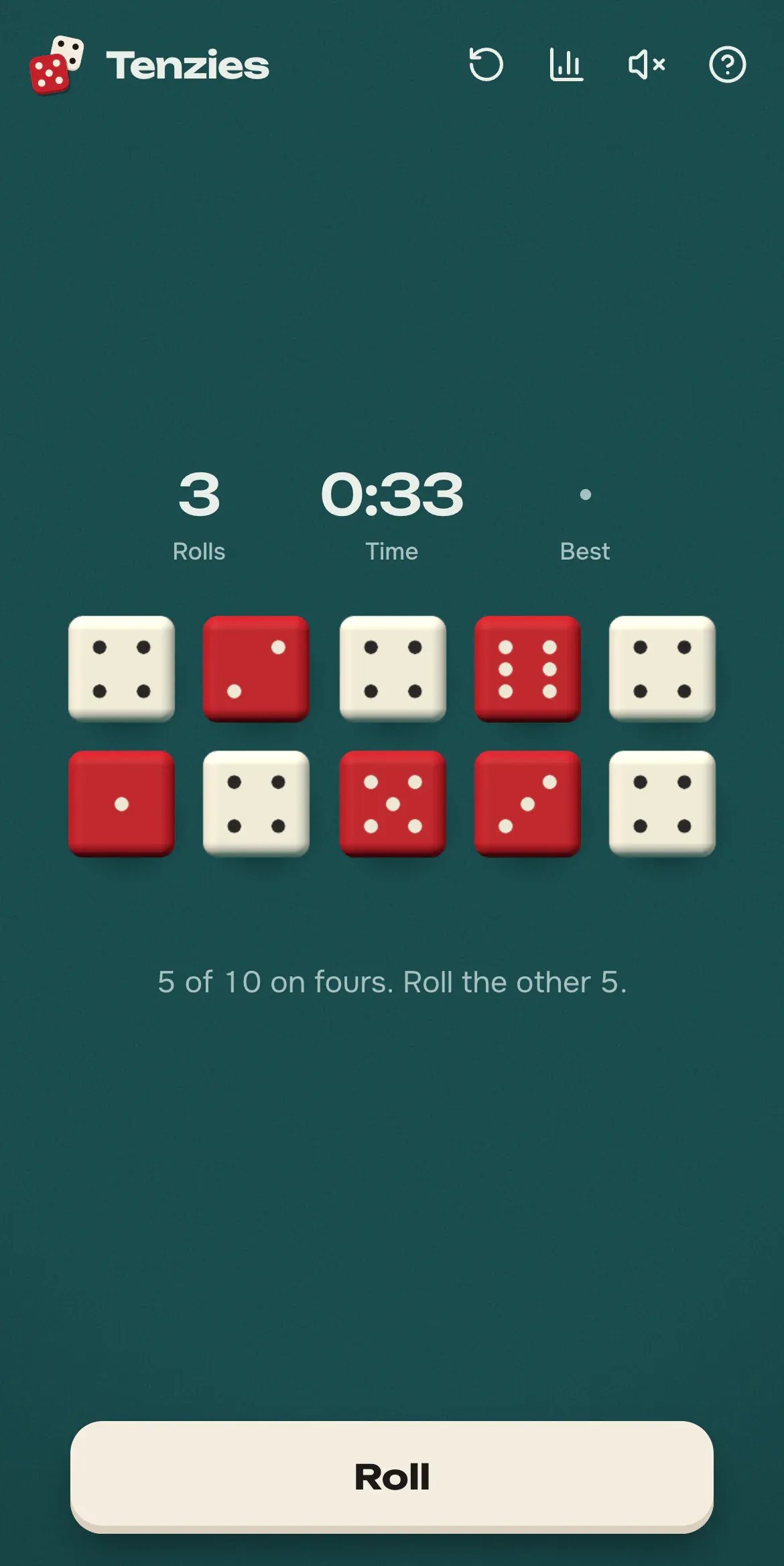 Tenzies on an iPhone mid game: the tally, two rows of five dice with five fours held, the hint line, and roll at the bottom of the screen