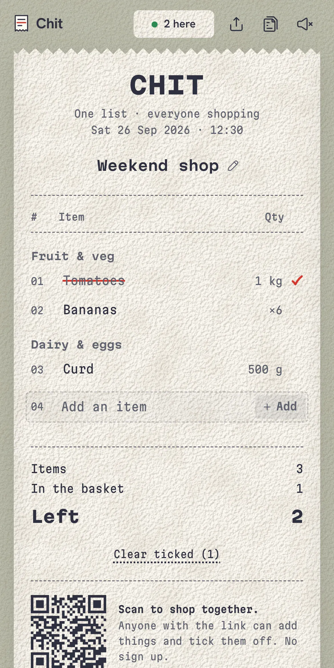 Chit on an iPhone: the receipt filling the screen, with two people here, share and sound at the top