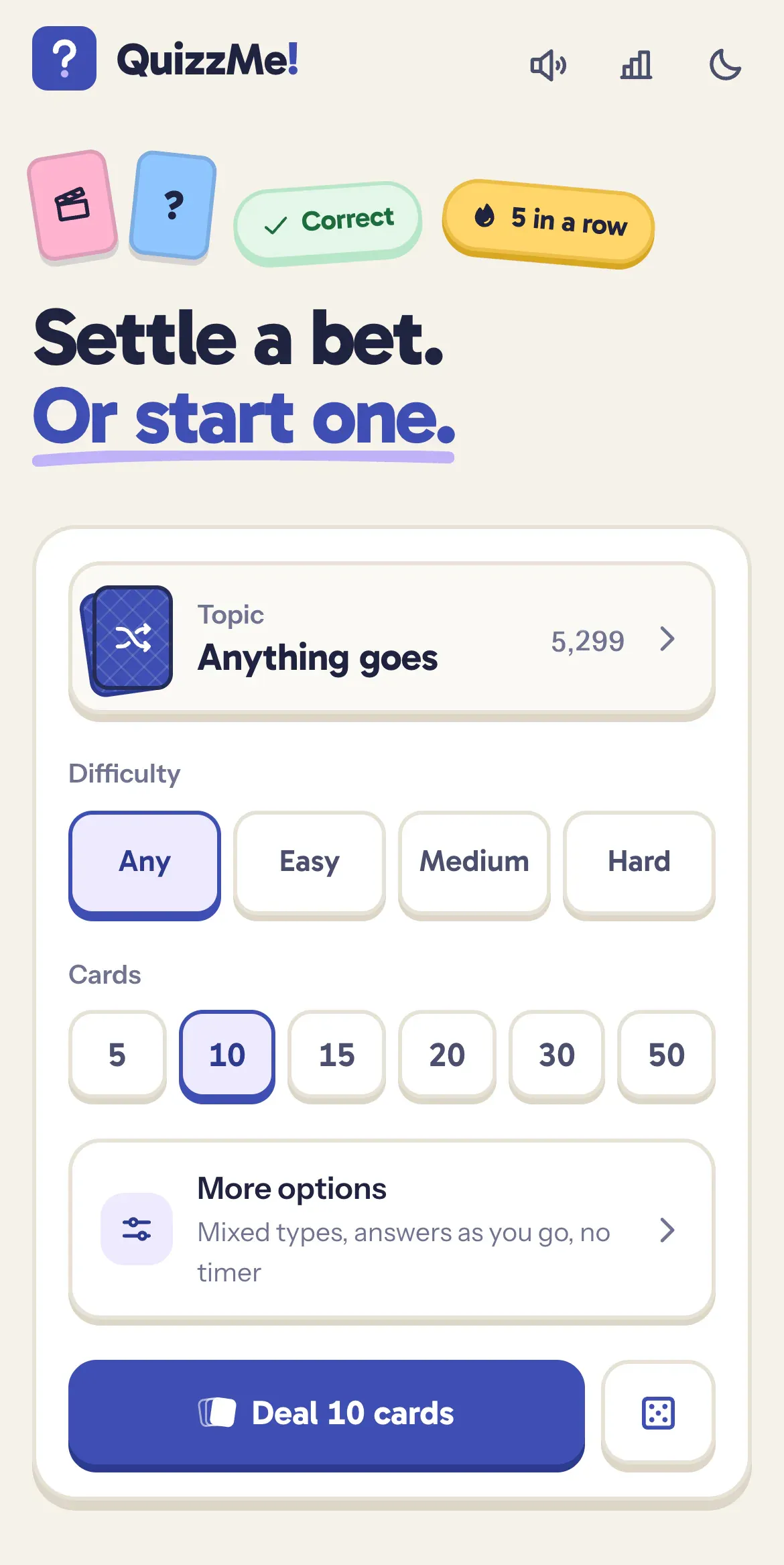 QuizzMe on an iPhone: the headline at the top and the setup card below it, with Deal 10 cards at the bottom