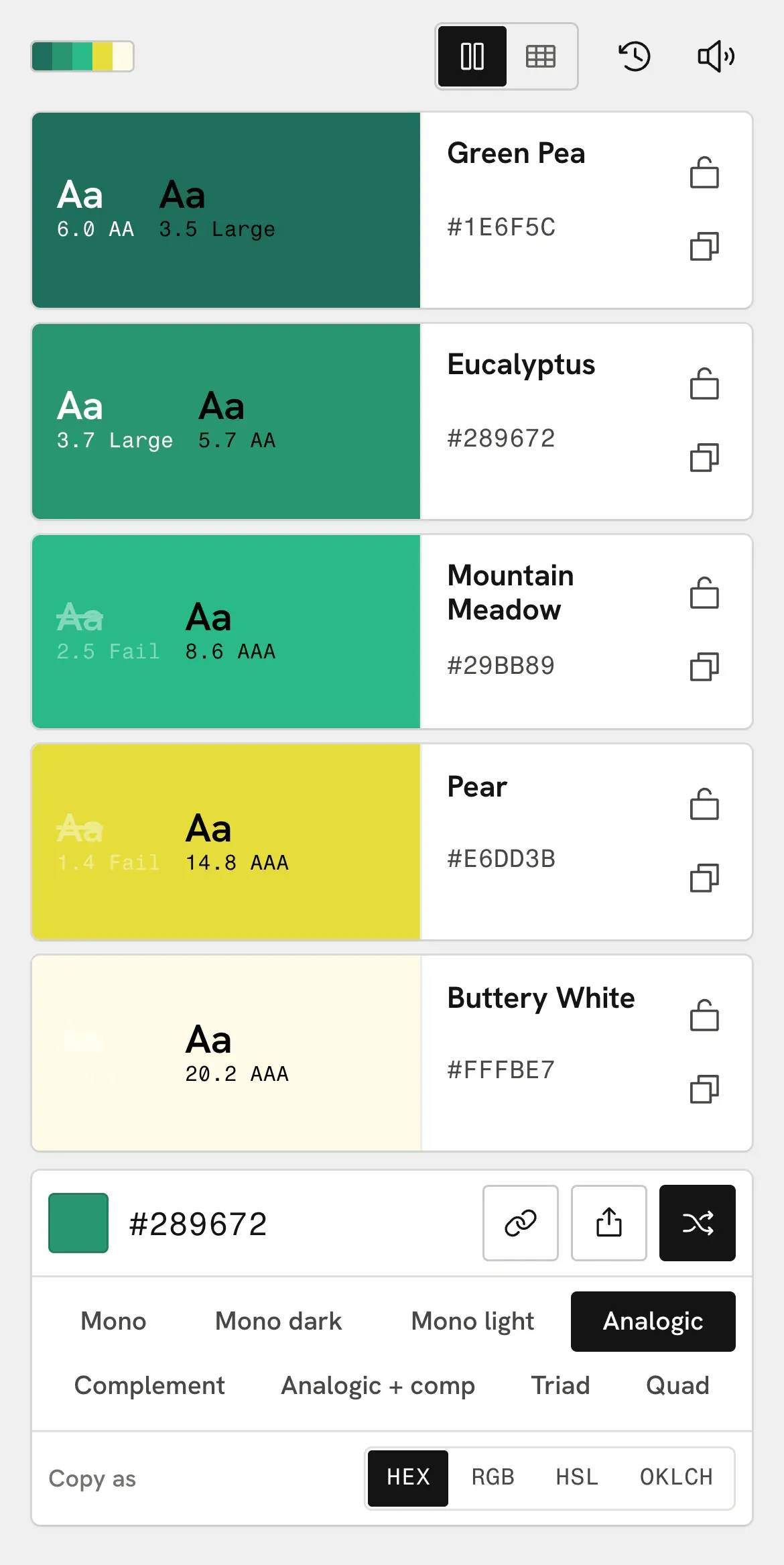 Fandeck on an iPhone: five chips stacked as rows, each colour beside its name, contrast samples and value, with the base colour and the harmonies below