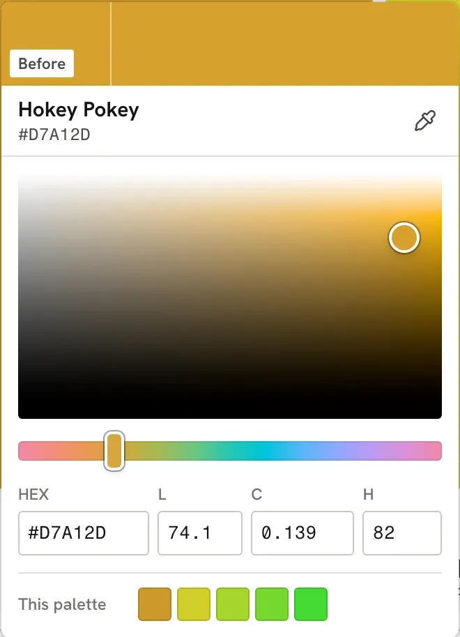 Fandeck's OKLCH picker open over an ochre palette