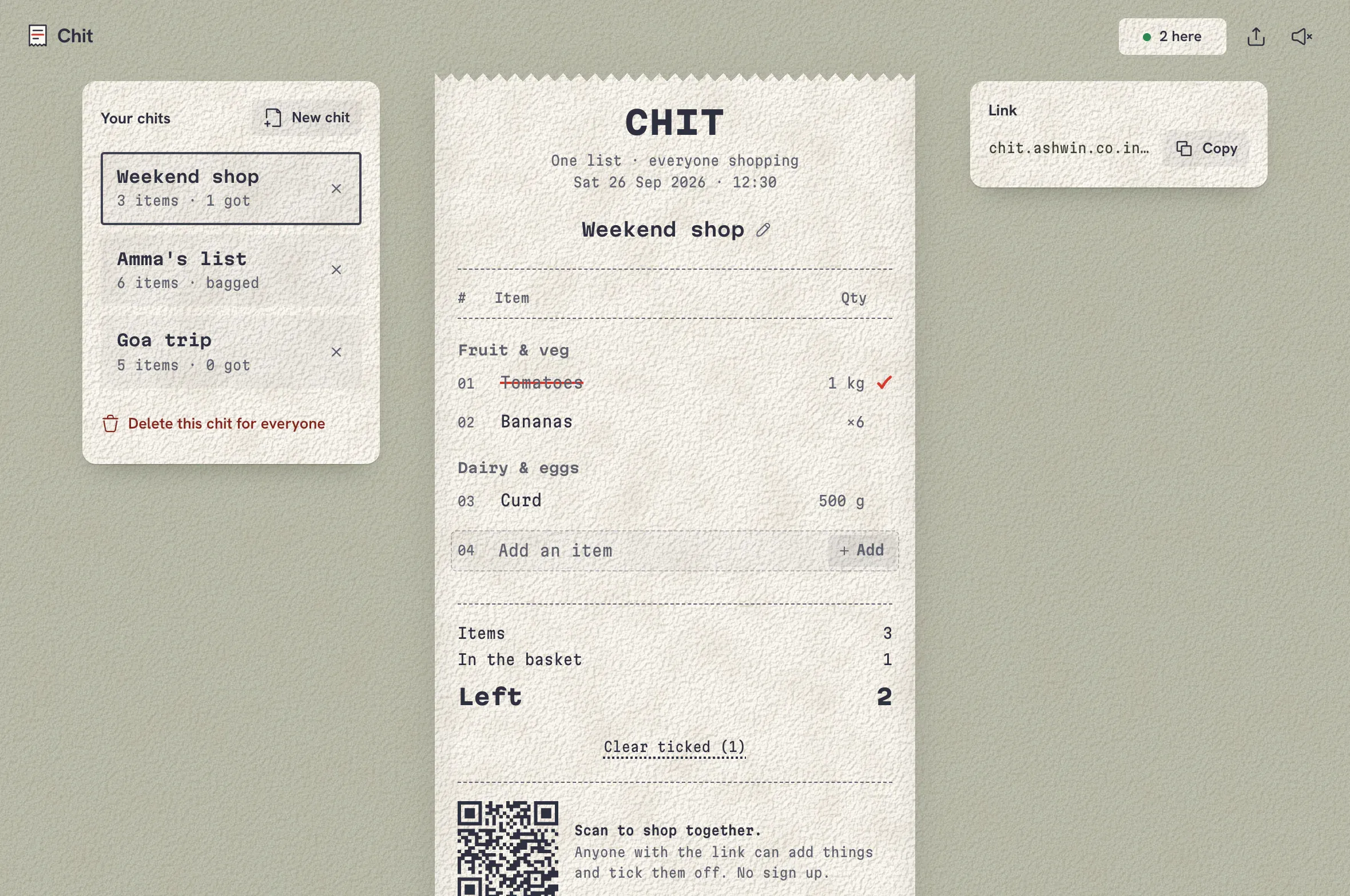 Chit on an iPad in landscape: your chits on the left, the receipt in the middle, the link on the right