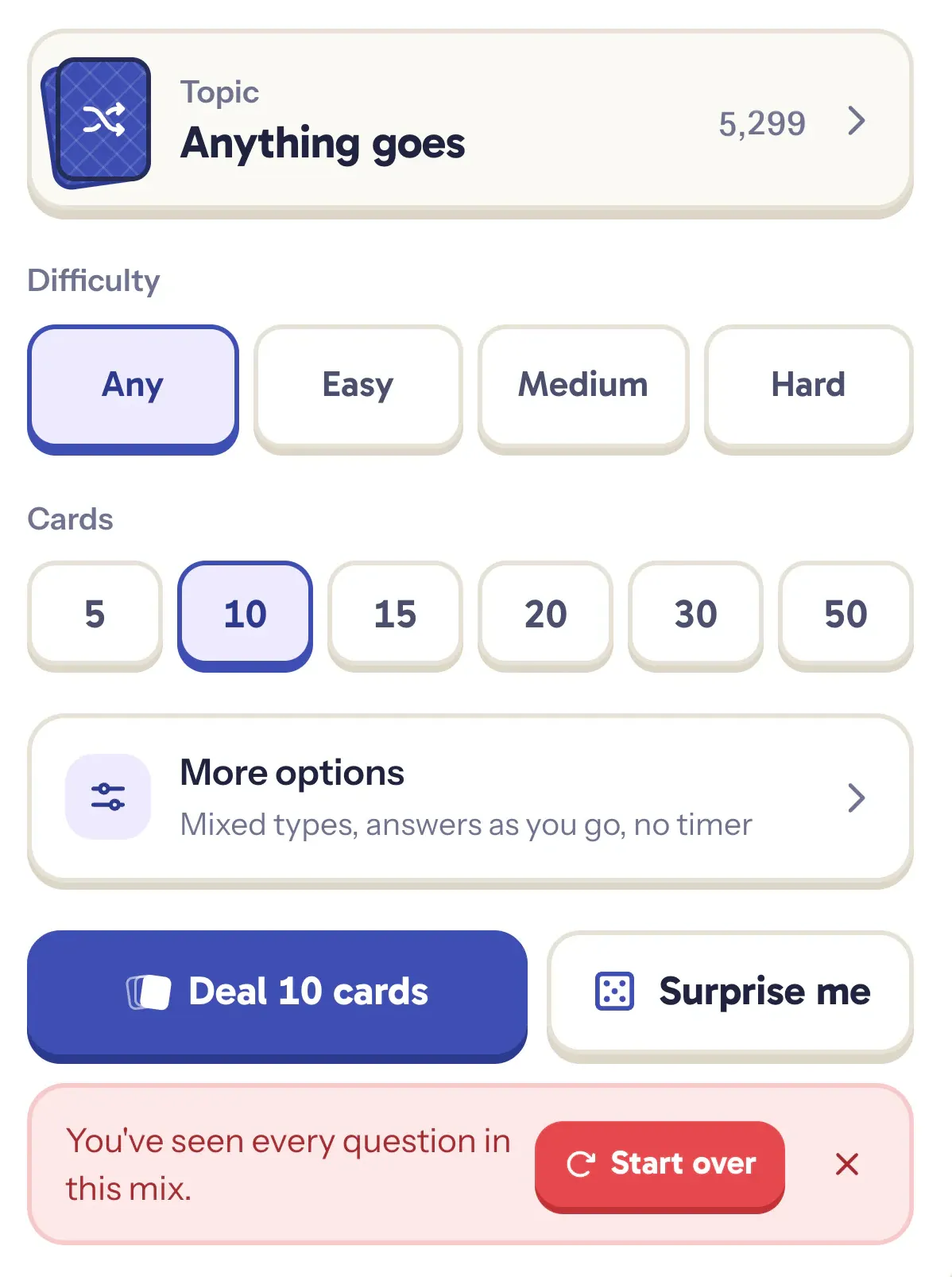 QuizzMe's setup panel after every question in Anything goes has been served: a red banner under the Deal button saying you've seen every question in this mix, with a Start over button