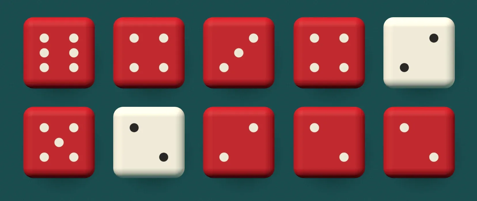 ten three.js dice with rounded edges, lit from the top left, soft shadows falling to the bottom right, two held dice ivory