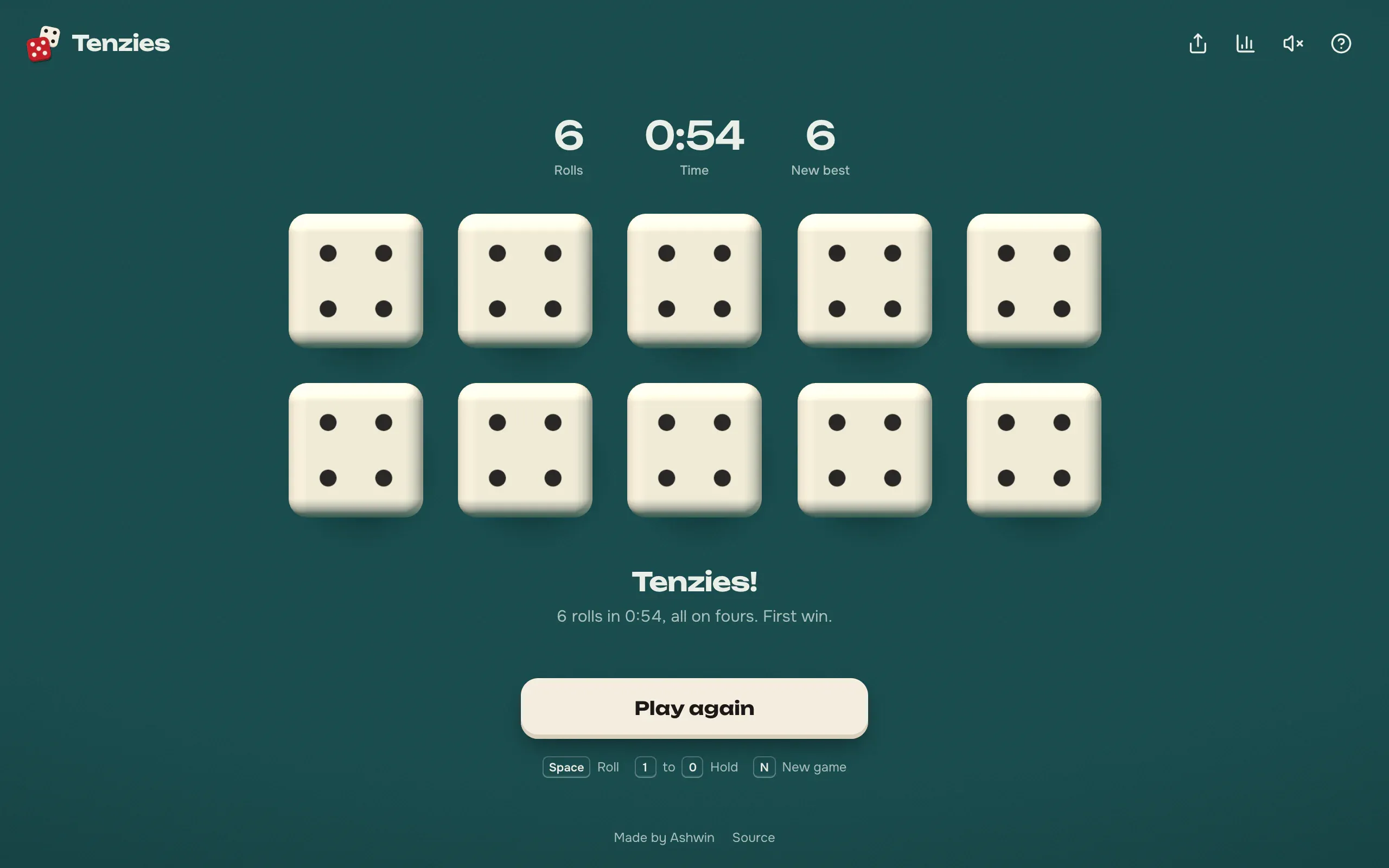 Tenzies on a desktop after a win: all ten dice ivory on fours on petrol green felt, six rolls in 54 seconds, a new best, and a play again button
